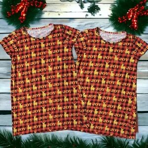 🎄 Pair of Christmas Print Sleepwear PJ T-shirts Short Sleeve Joy Reindeer